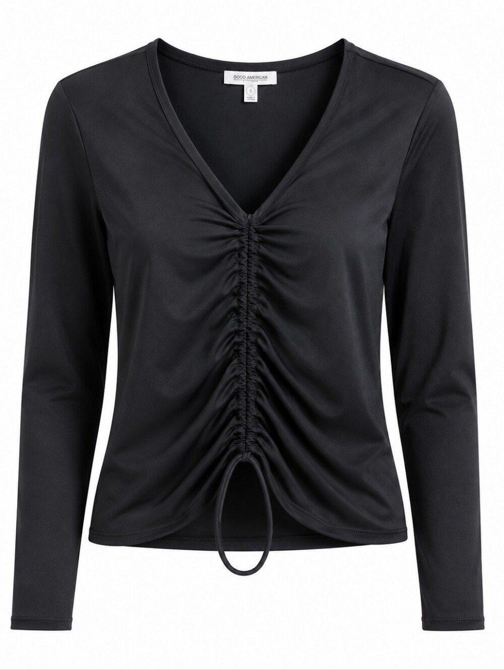 Good American Black Ruched V-Neck Long Sleeve Top with Drawstring Size 2XL